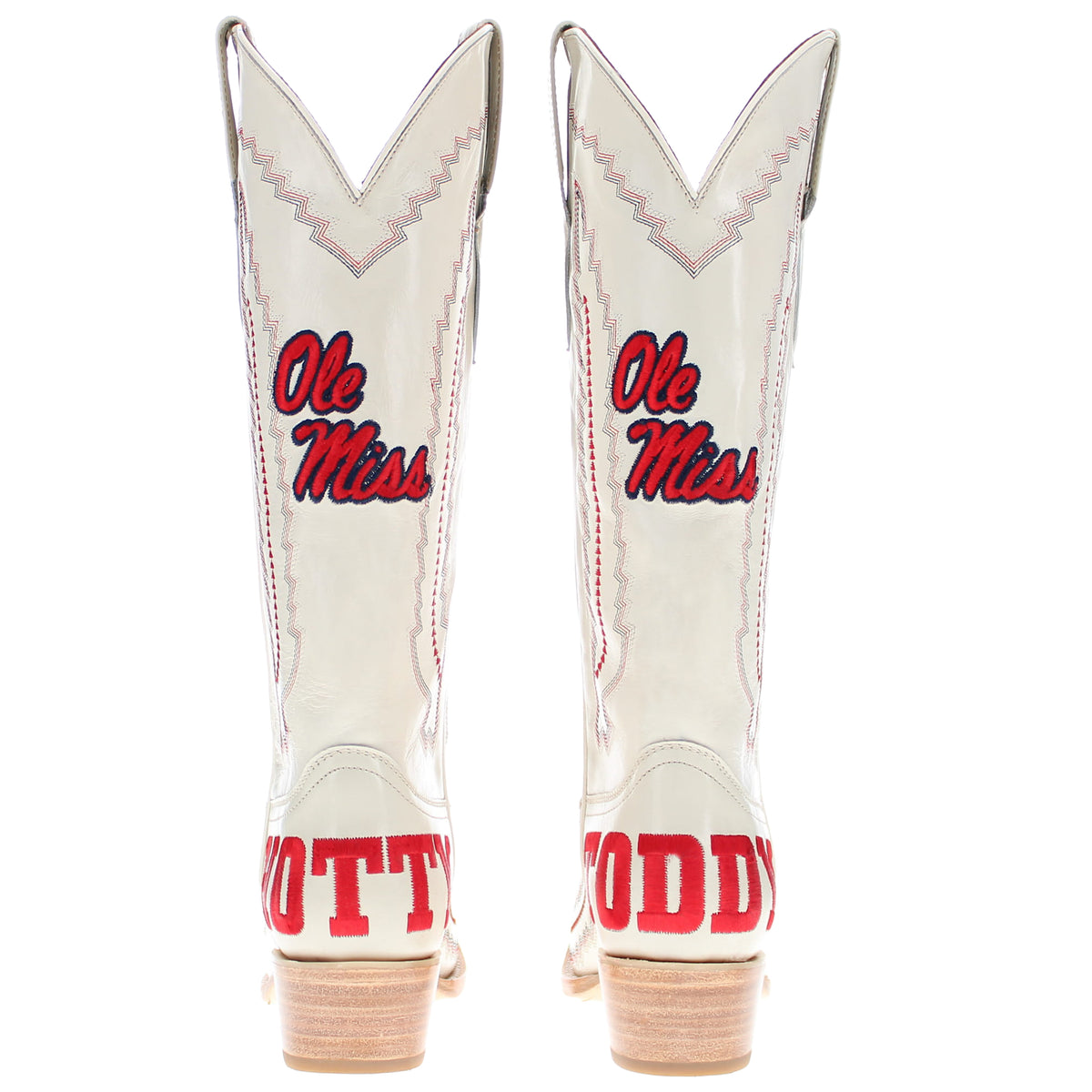 Back view of light cream cowboy boots with Ole Miss and ODDY lettering