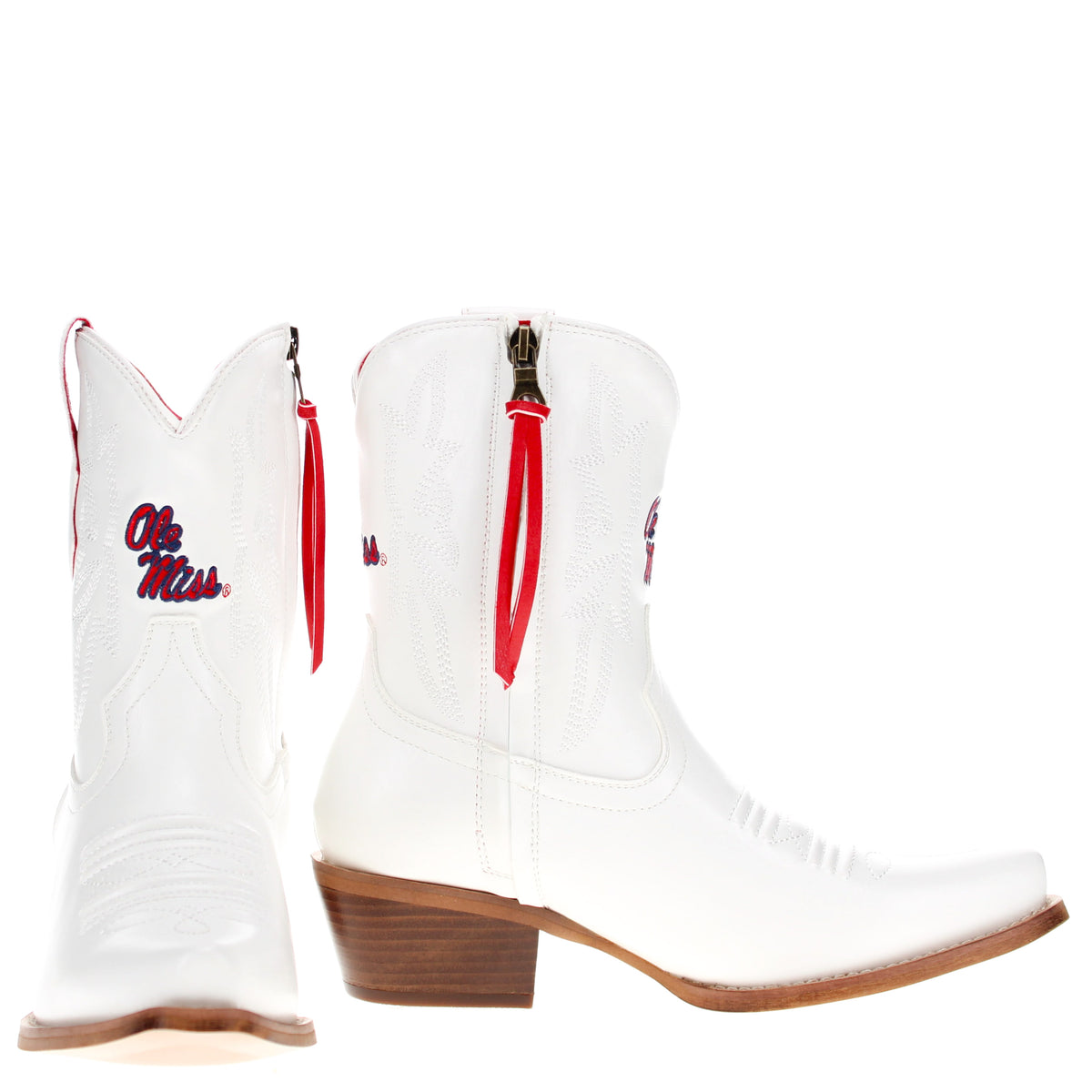 White cowboy boot with red tassel accents, Ole Miss logo, and brown stacked heel