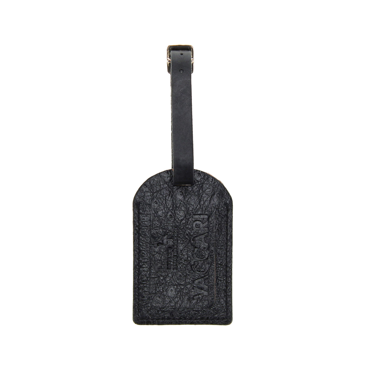 Ostrich leather luggage tag with arched shape and embossed dark pattern