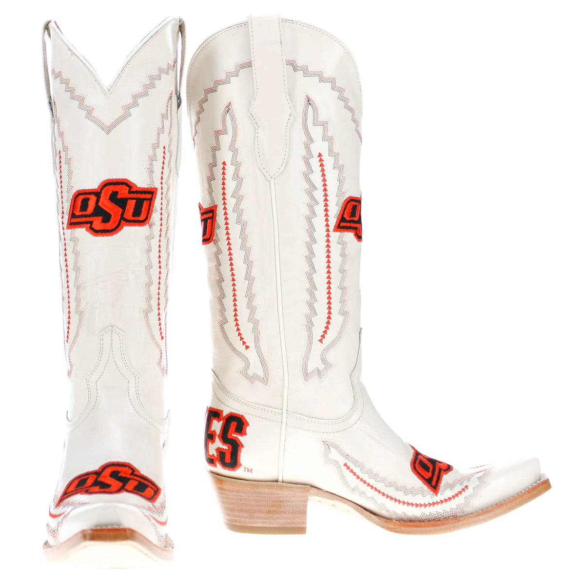 Two white cowboy boots showing side panels, OSU logos, and low wooden heel