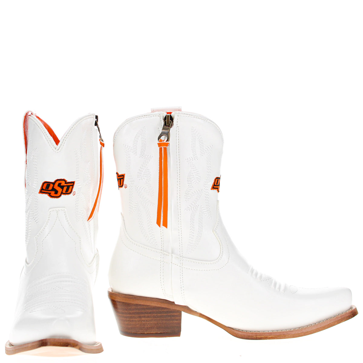 Lynn white cowboy boots with orange zipper detail and brown heel