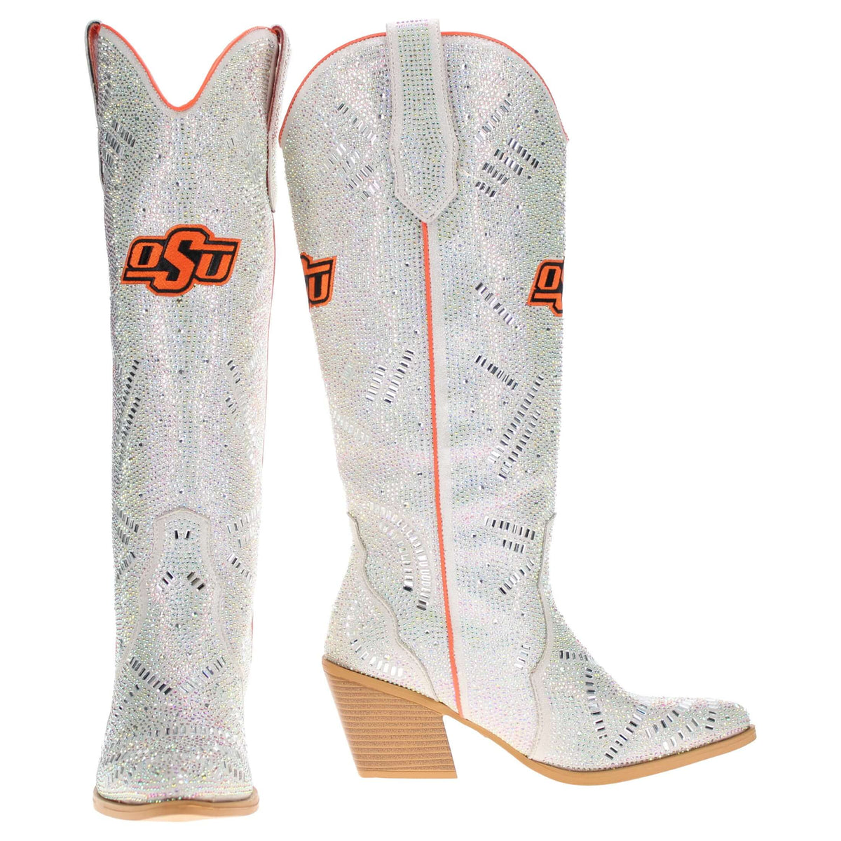 Pair of silver rhinestone cowboy boots with pointed toe, mid heel, and DSU logos
