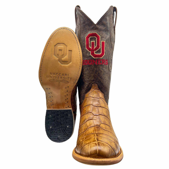 Men's University of Oklahoma Sooners Tan American Alligator Belly Cowboy Boots James by Vaccari #select-a-toe_round