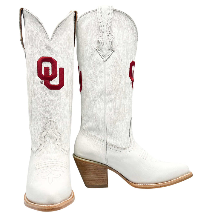 Women's University of Oklahoma Sooners All White Pointed Toe Cowgirl Boots Leighton by Vaccari