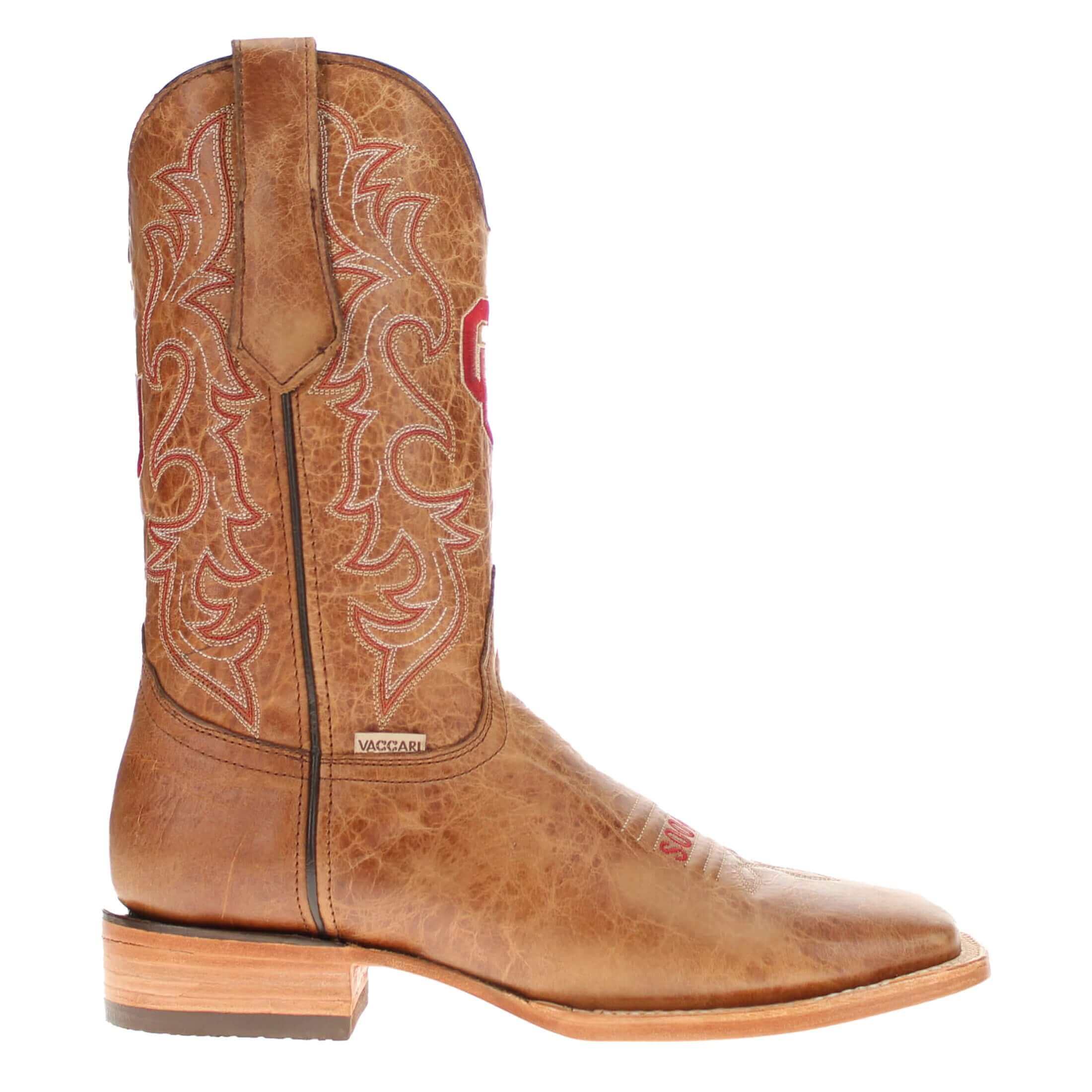 Men's University of Oklahoma Sooners Tan Leather Square Toe Cowboy Boots by Vaccari