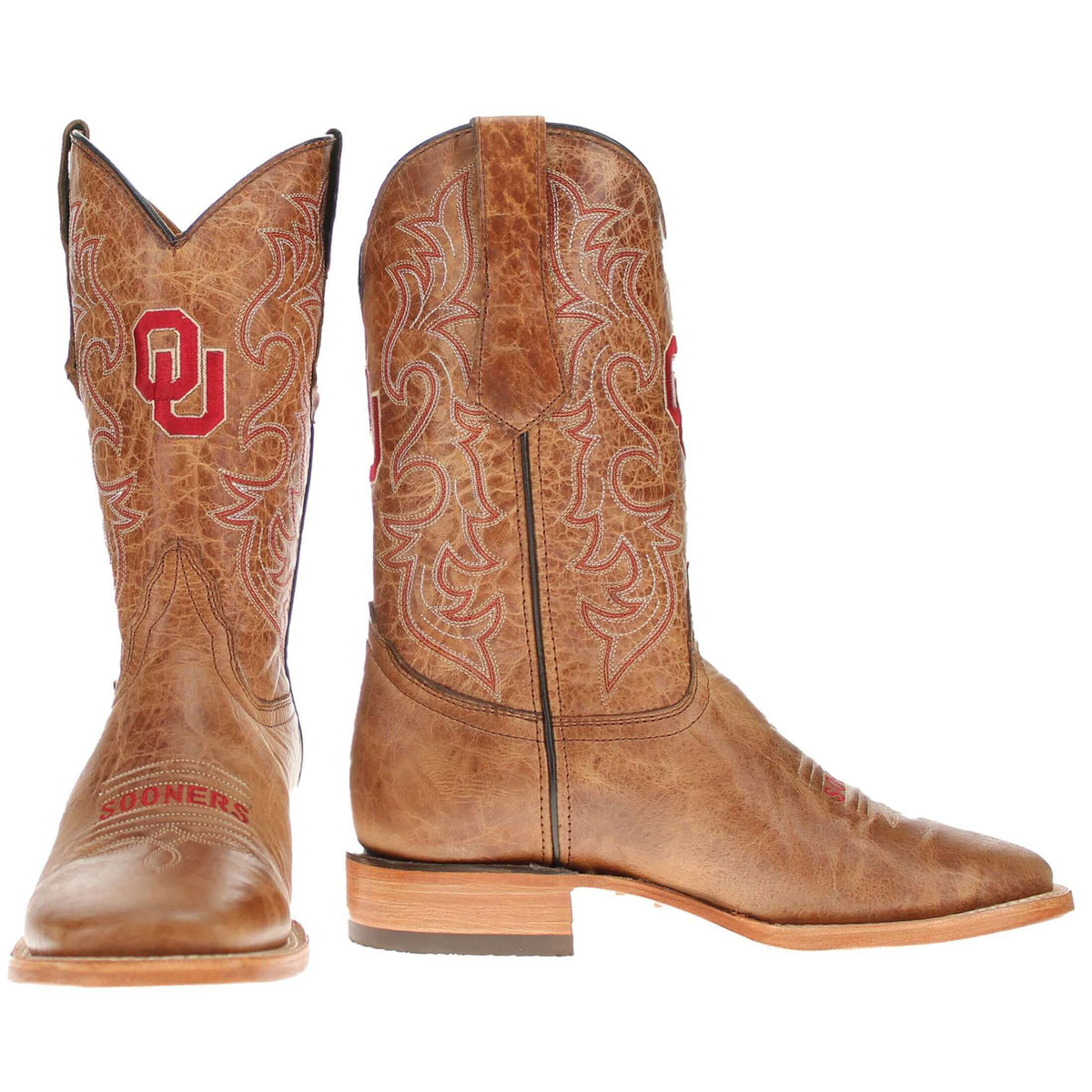 Pair of tan western cowboy boots with red OU logos and stitched floral designs