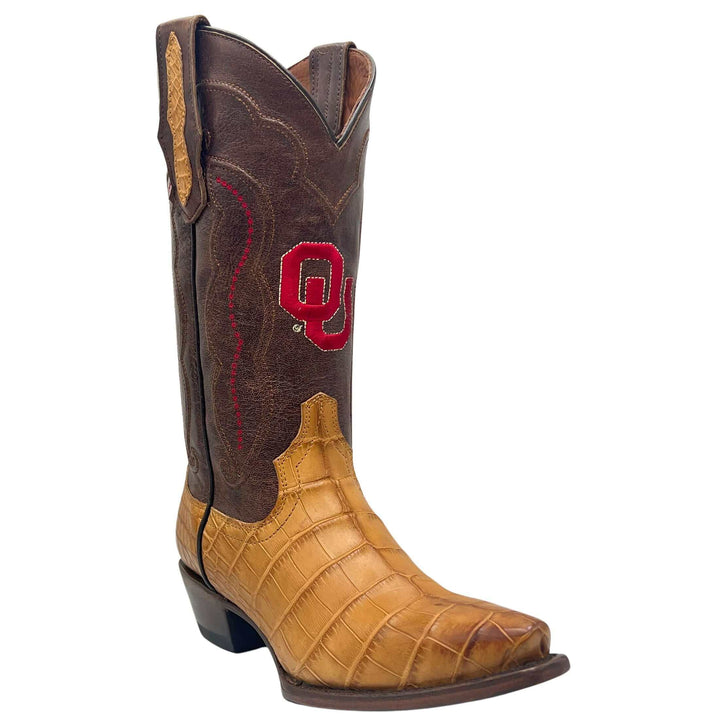 Women's University of Oklahoma Sooners Brown American Alligator Snip Toe Cowgirl Boots Olivia by Vaccari