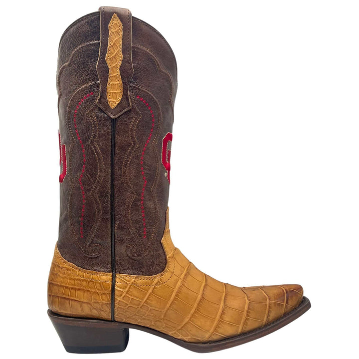 Women's University of Oklahoma Sooners Brown American Alligator Snip Toe Cowgirl Boots Olivia by Vaccari