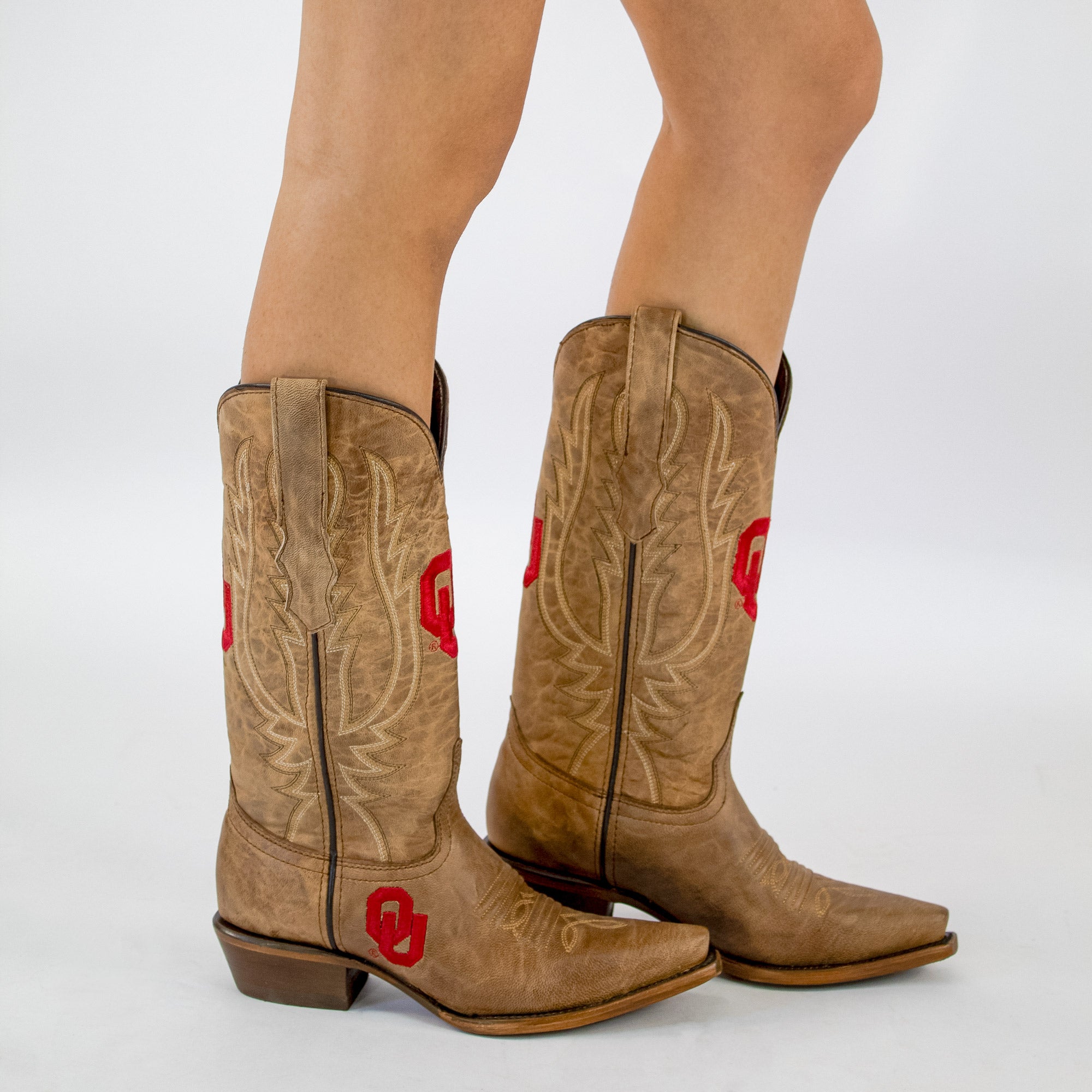 Women's University of Oklahoma Sooners Tan Leather Snip Toe Cowgirl Boots by Vaccari