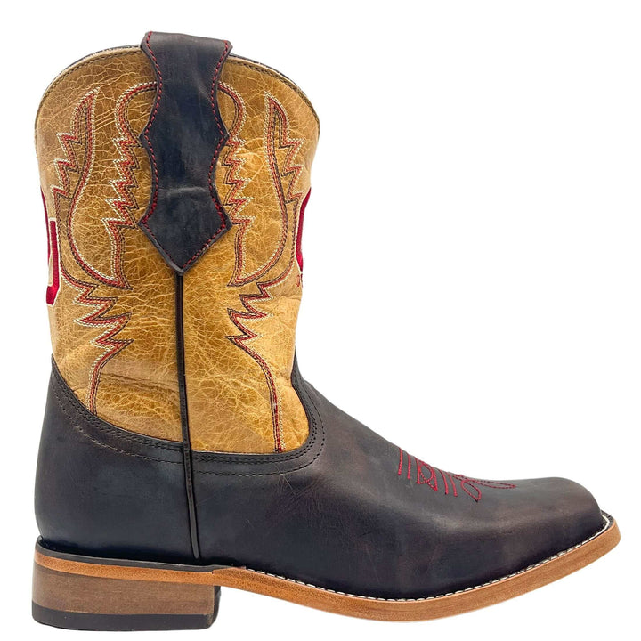 Kid's University of Oklahoma Sooners Tan/Mocha OU Kid's Square Toe Cowboy Boots Peyton by Vaccari