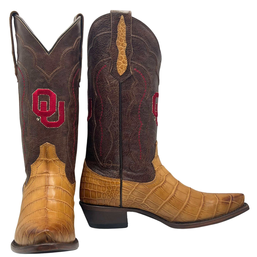 Women's University of Oklahoma Sooners Brown American Alligator Snip Toe Cowgirl Boots Olivia by Vaccari