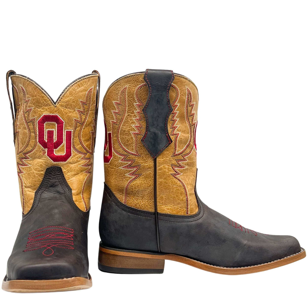 Kid's University of Oklahoma Sooners Tan/Mocha OU Kid's Square Toe Cowboy Boots Peyton by Vaccari