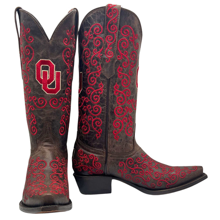 Women's University of Oklahoma Sooners Brown Snip Toe Cowgirl Boots Claire by Vaccari