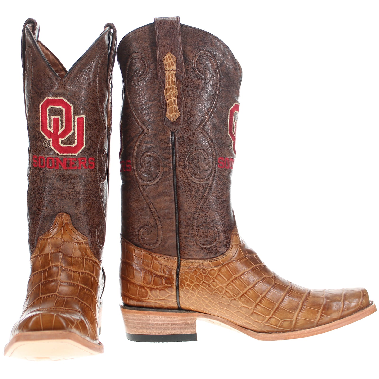 Men's University of Oklahoma Sooners Tan American Alligator Belly Cowboy Boots James by Vaccari #select-a-toe_jw