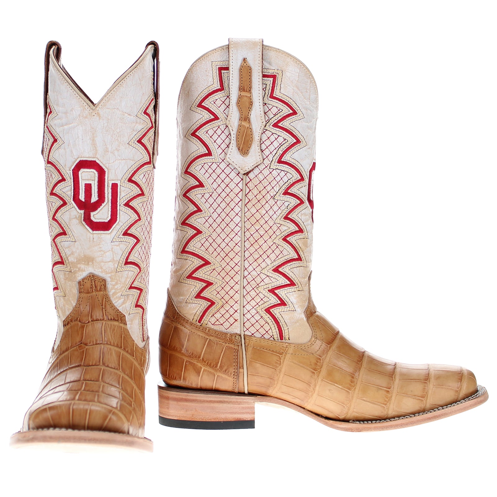 Men's University of Oklahoma Sooners Cowboy Boots | OU Tan Square Toe American Alligator Boots | Officially Licensed | Parker