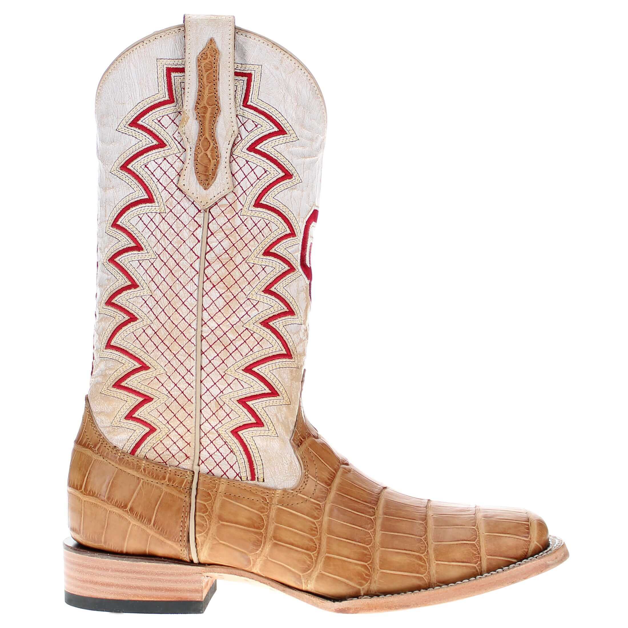 Men's University of Oklahoma Sooners Cowboy Boots | OU Tan Square Toe American Alligator Boots | Officially Licensed | Parker