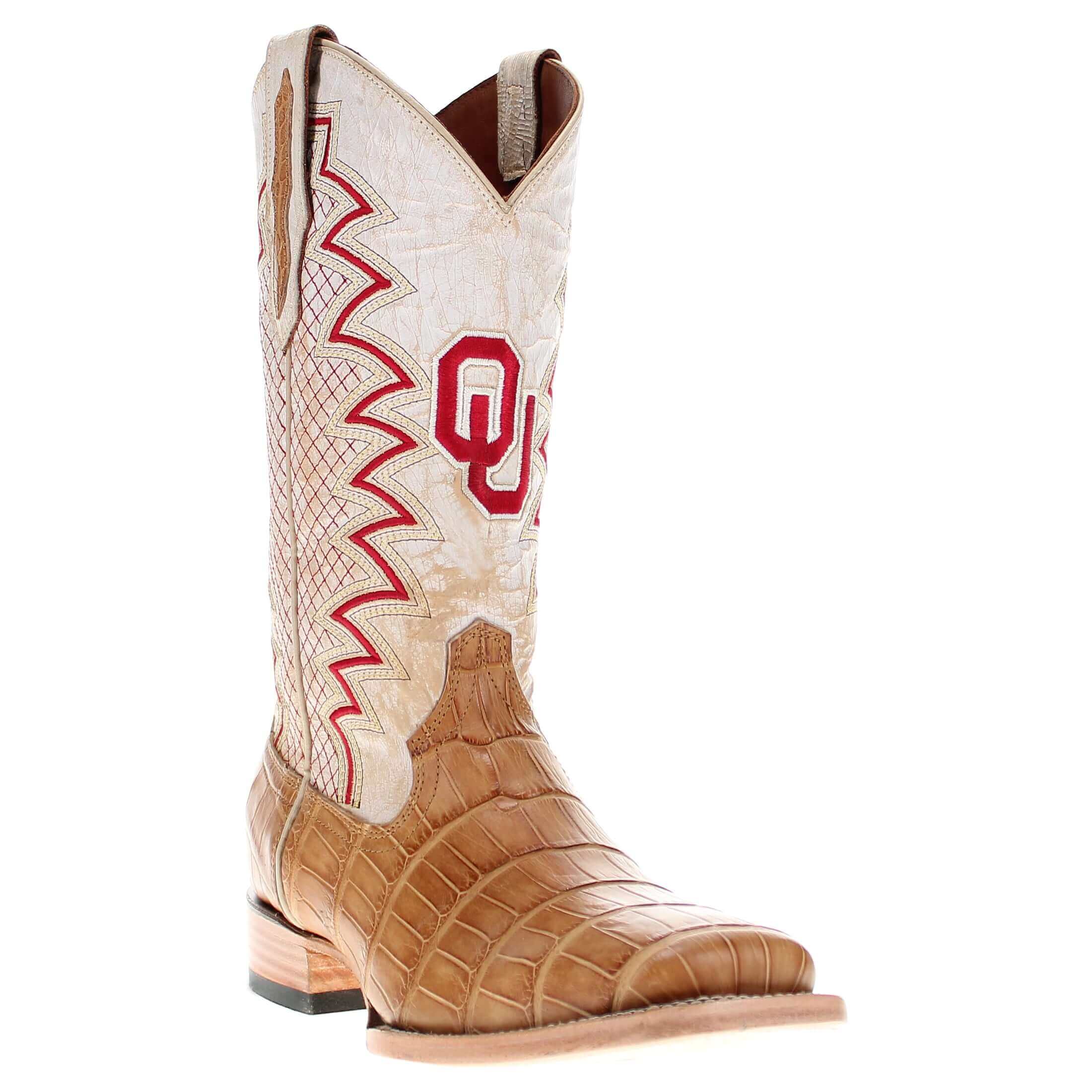 Men's University of Oklahoma Sooners Cowboy Boots | OU Tan Square Toe American Alligator Boots | Officially Licensed | Parker