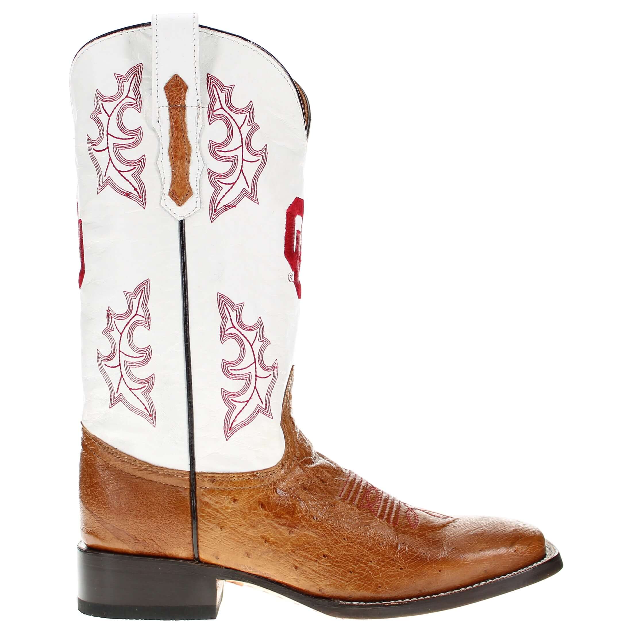 Men's University of Oklahoma Sooners Cowboy Boots | Tan Broad Square/JW toe Smooth Ostrich Boots | Officially Licensed | Brooks 