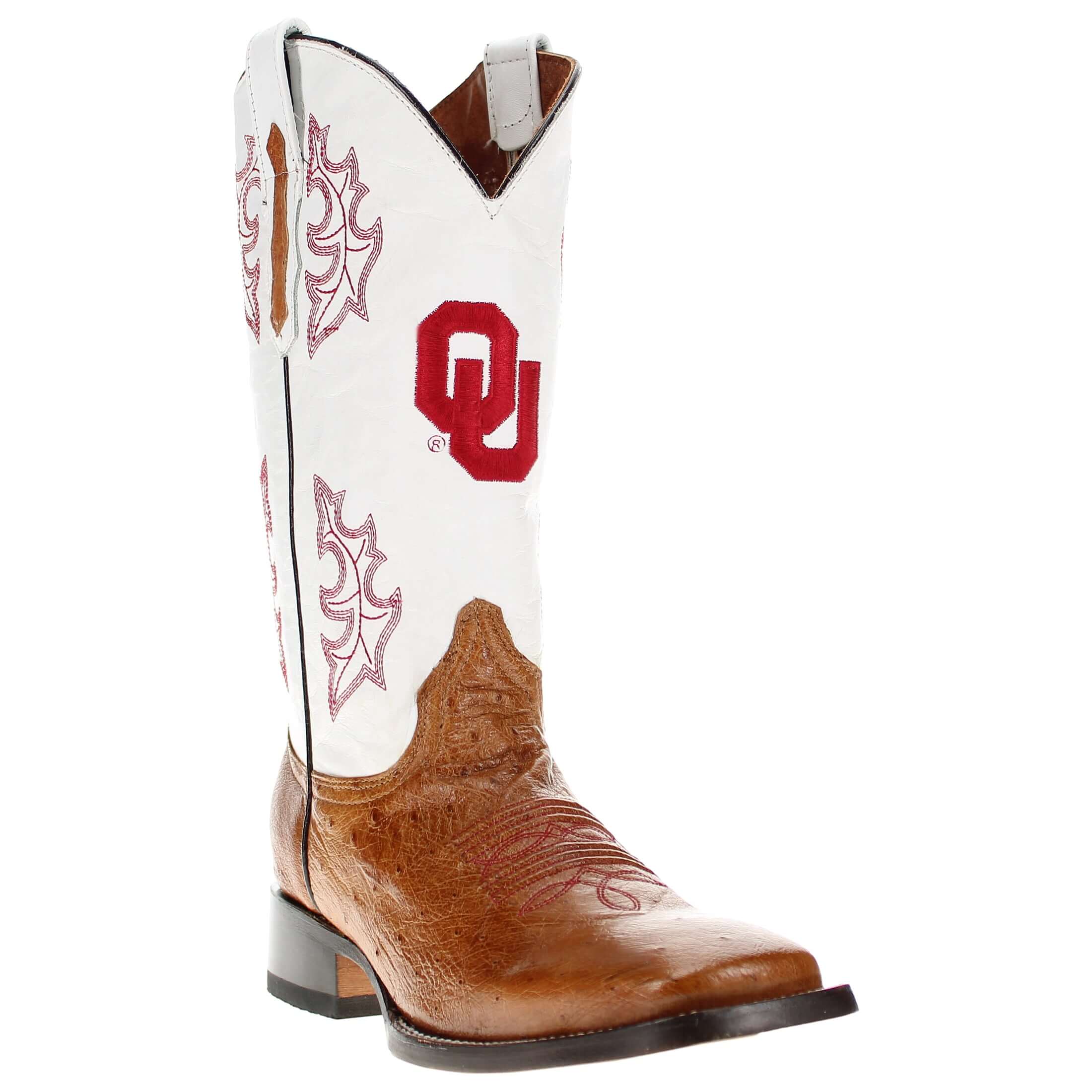 Men's University of Oklahoma Sooners Cowboy Boots | Tan Broad Square/JW toe Smooth Ostrich Boots | Officially Licensed | Brooks 