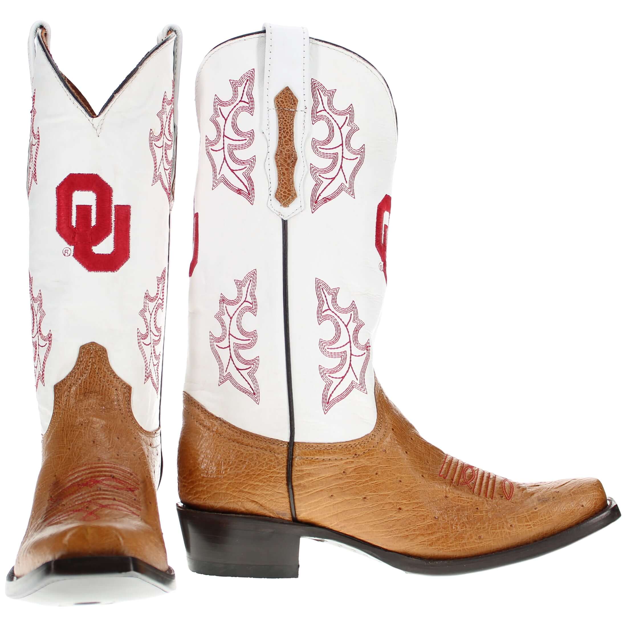 Men's University of Oklahoma Sooners Cowboy Boots | Tan Broad Square/JW toe Smooth Ostrich Boots | Officially Licensed | Brooks 