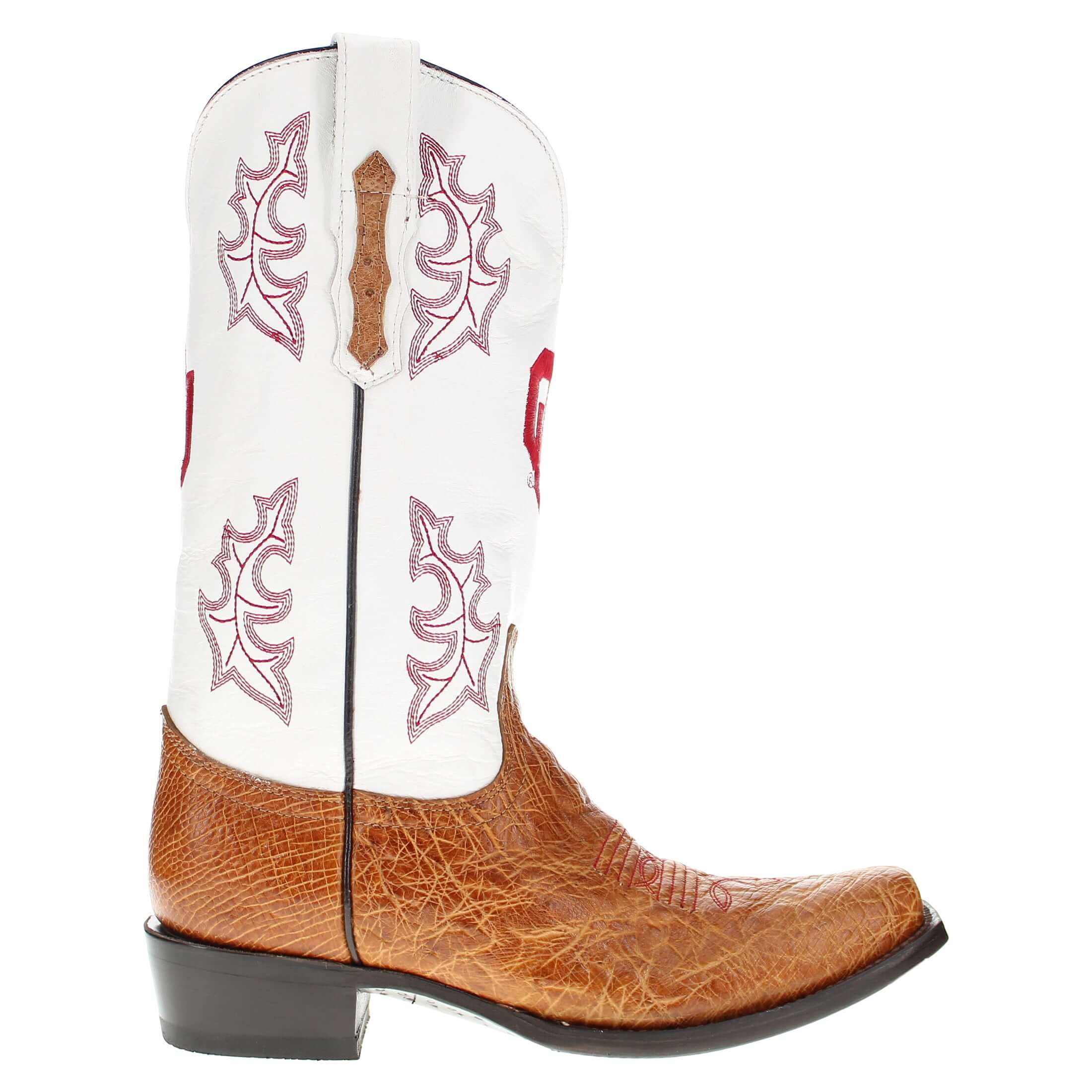 Men's University of Oklahoma Sooners Cowboy Boots | Tan Broad Square/JW toe Smooth Ostrich Boots | Officially Licensed | Brooks 