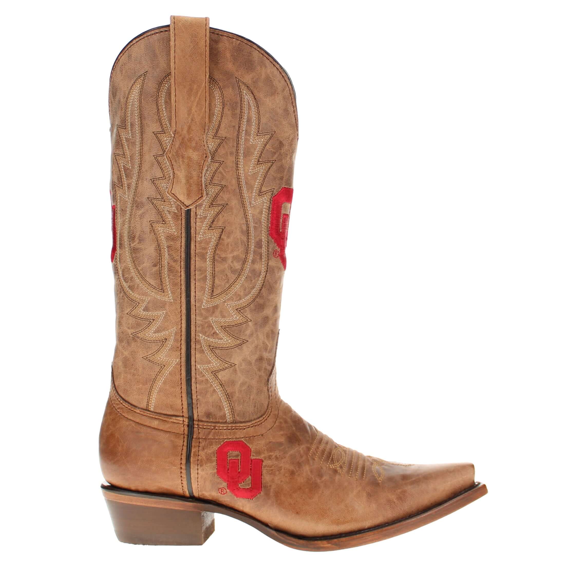 Women's University of Oklahoma Sooners Tan Leather Snip Toe Cowgirl Boots by Vaccari