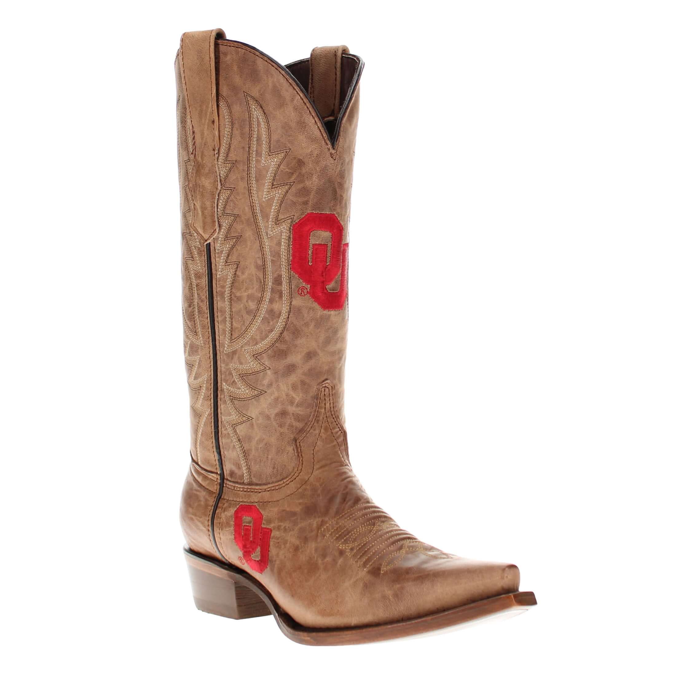 Women's University of Oklahoma Sooners Tan Leather Snip Toe Cowgirl Boots by Vaccari