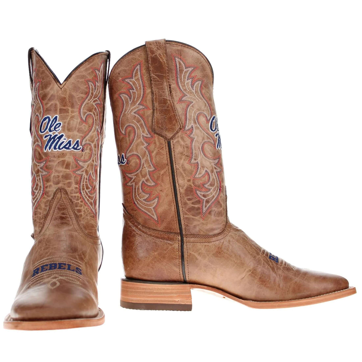Pair of brown cowboy boots with 'Ole Miss' graphics and western stitched details.