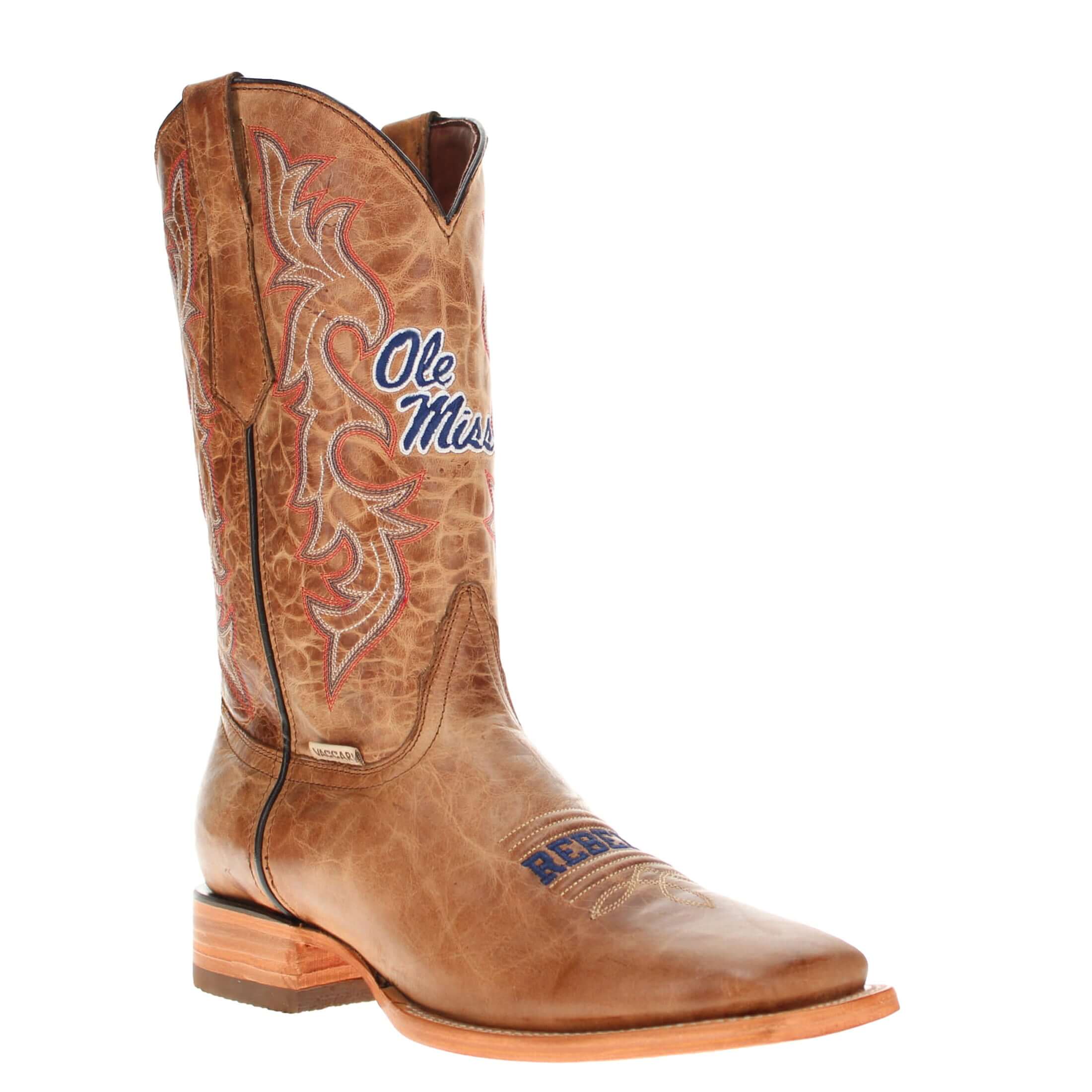 Men's Ole Miss Tan Square Toe Cowboy Boots by Vaccari