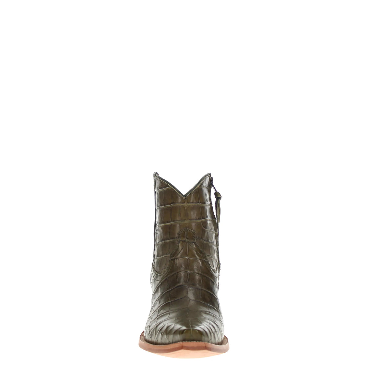 Penelope ankle boot in olive green alligator belly leather with short heel
