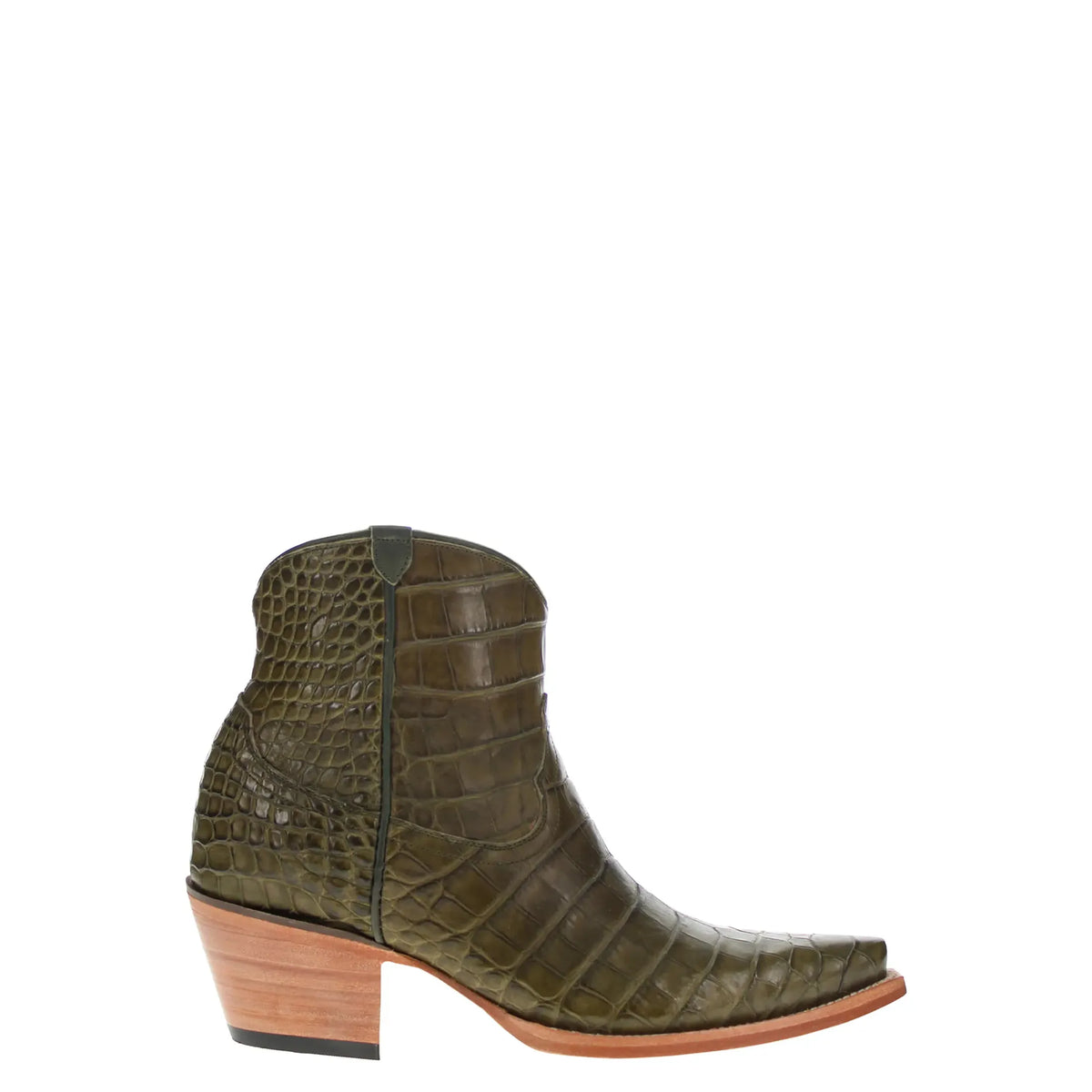 olive green alligator belly western-style ankle boot with side seam and block heel