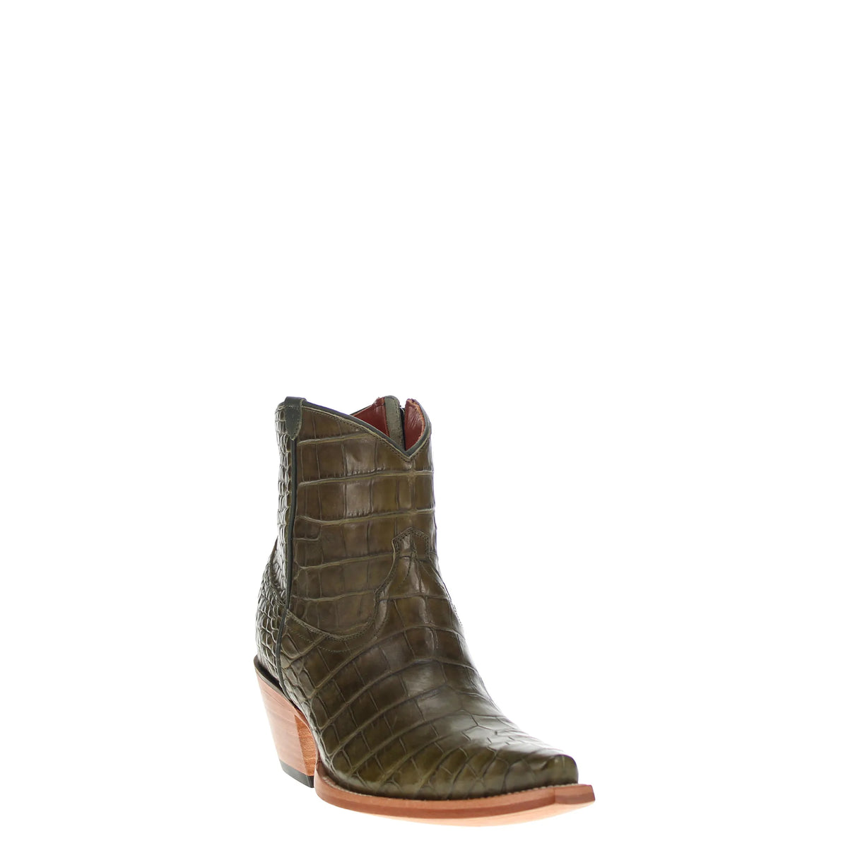 olive green alligator belly ankle boot with tapered toe and pull tab