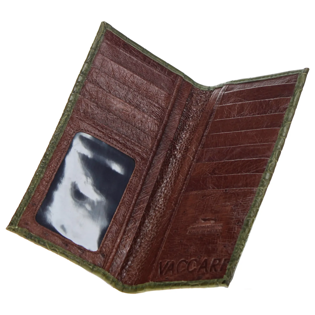 Open checkbook wallet showing card holders and clear ID window