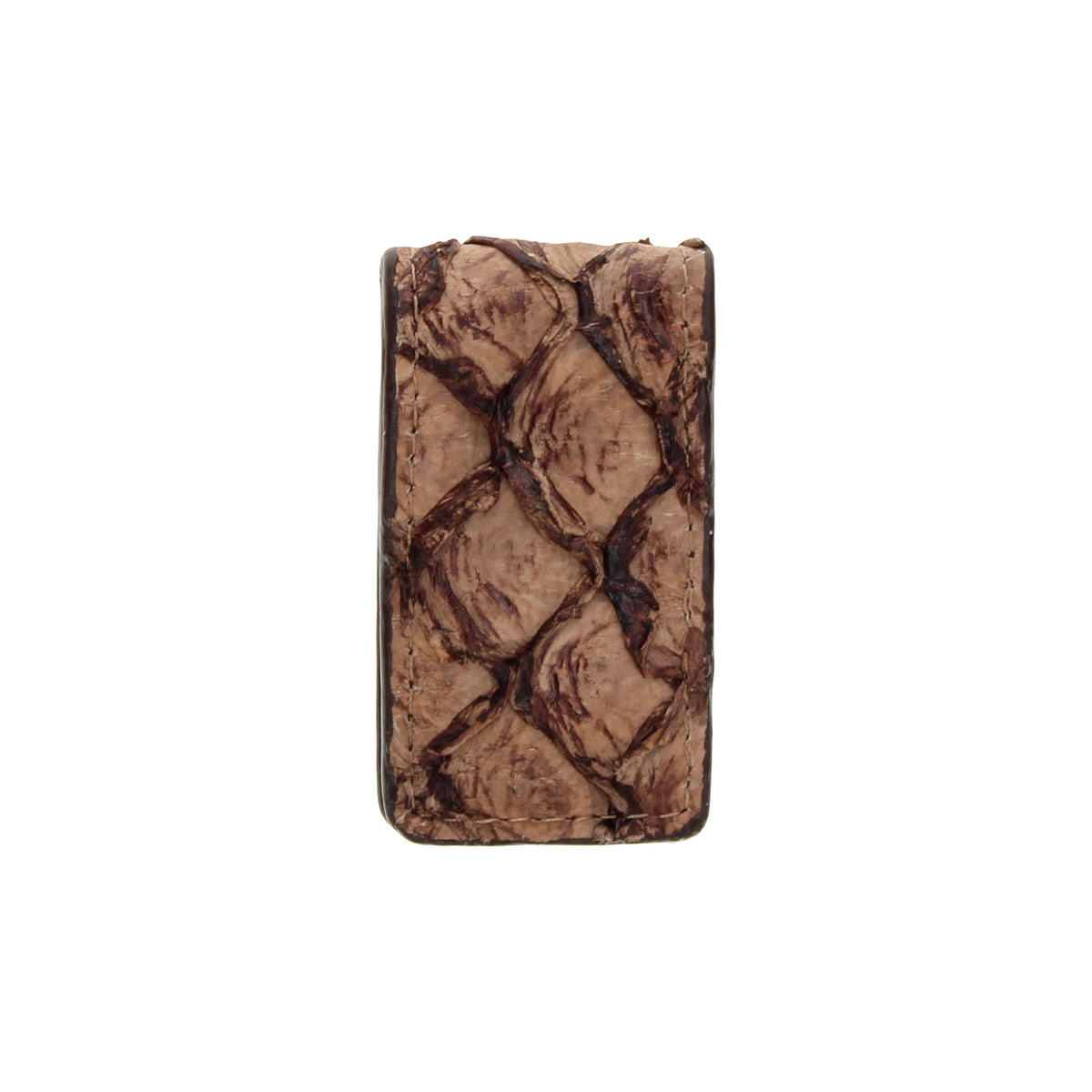 Brown fish-pattern money clip with metal frame