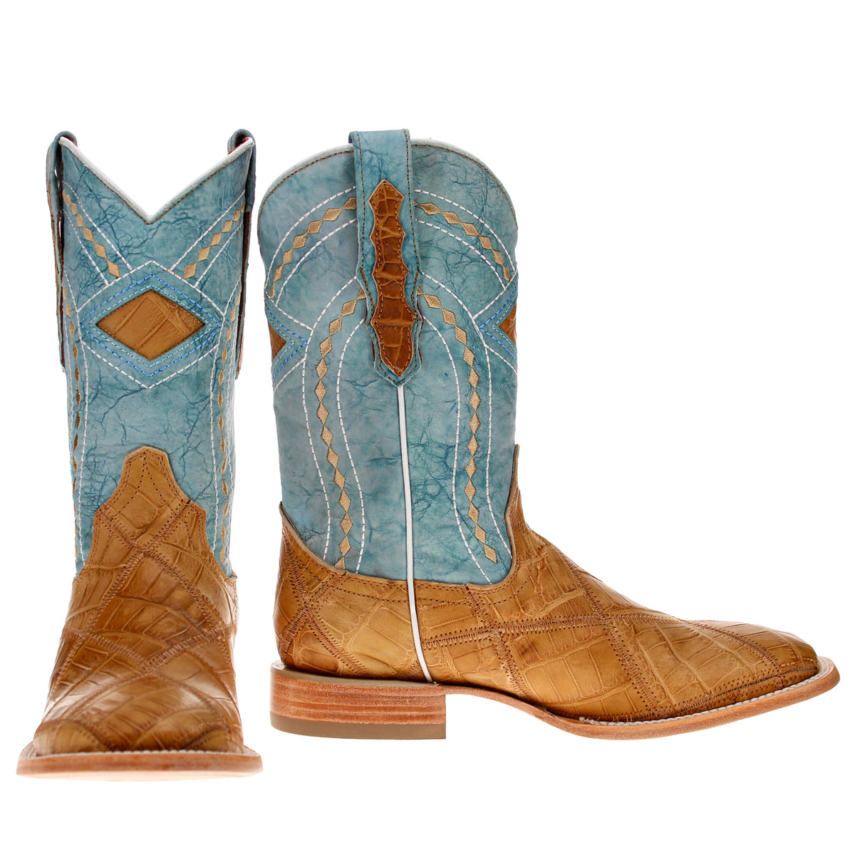 Men's Tan American Alligator Belly Patchwork BS Toe Cowboy Boots by Vaccari