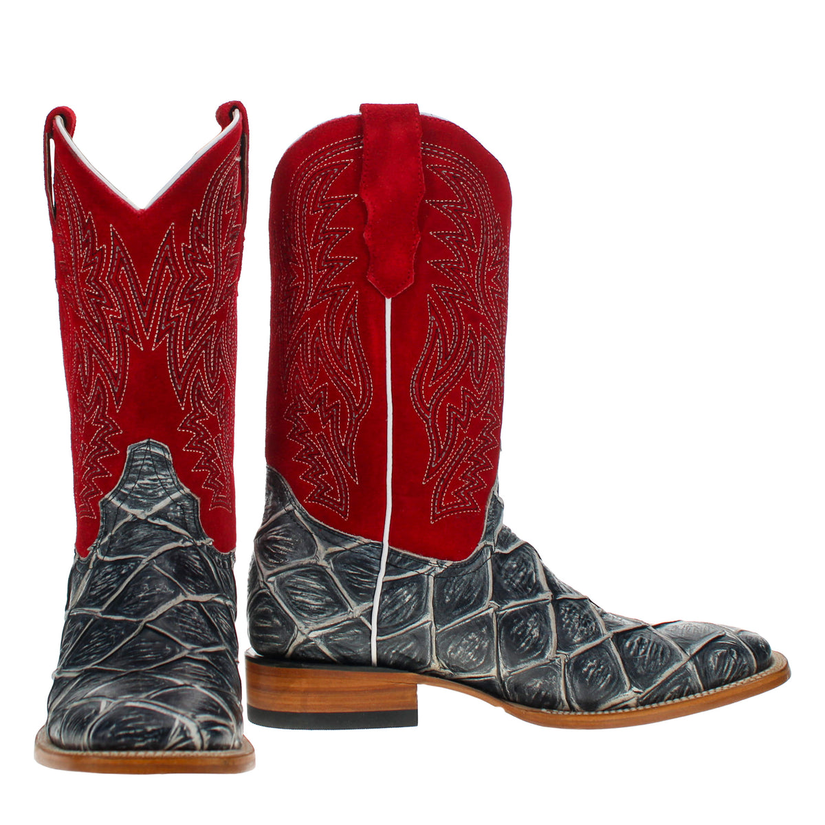 Pair of red and gray cowboy boots with embroidered shaft designs and tan-brown soles