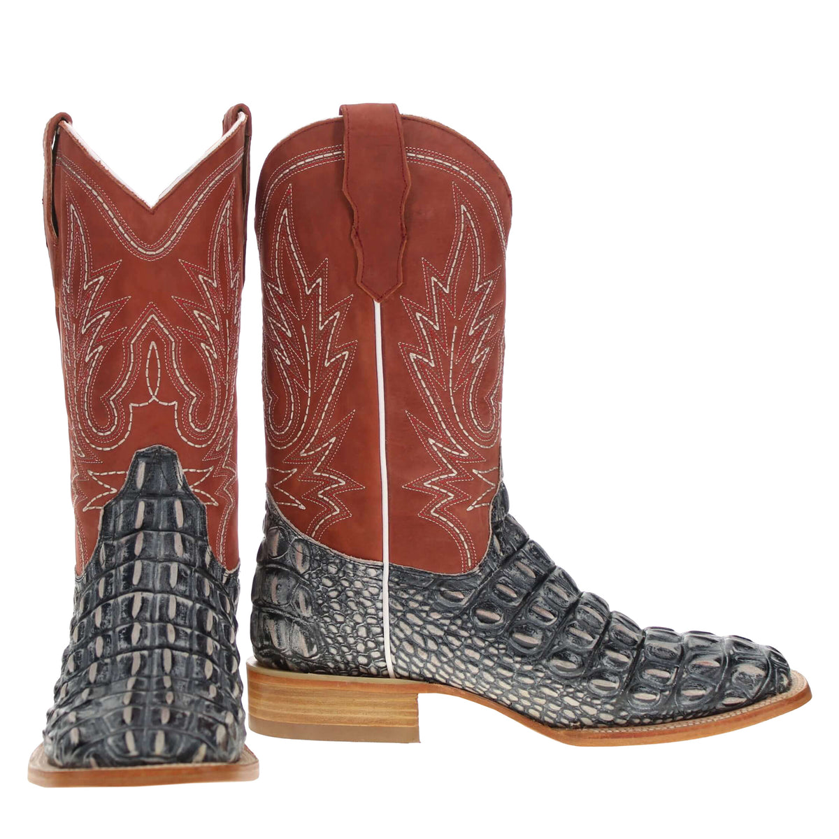 Pair of western cowboy boots with rust embroidered shafts and black crocodile-style feet
