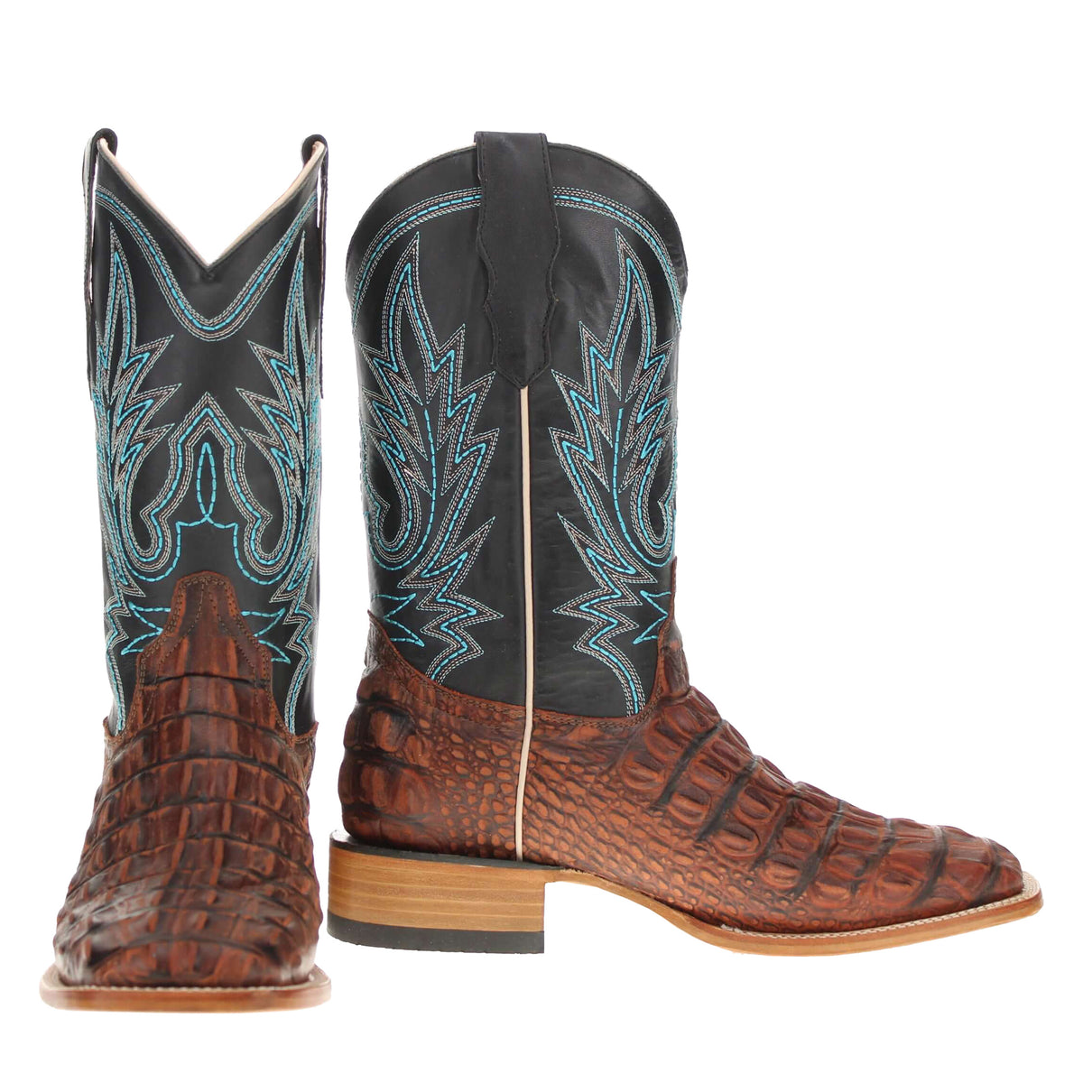 Brown western cowboy boots with blue stitched shaft and black side panels, stacked heel