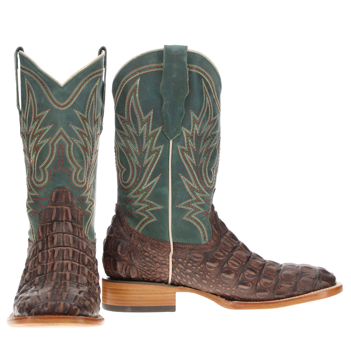 Pair of cowboy boots: dark green shafts with brown faux-croc foot and tan soles.