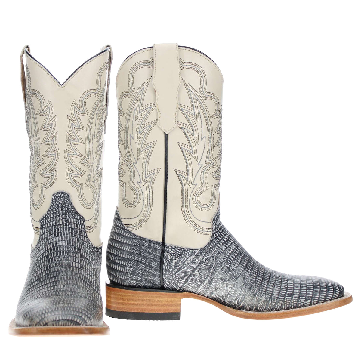 Pair of western cowboy boots with tan embroidered shaft and dark gray textured uppers