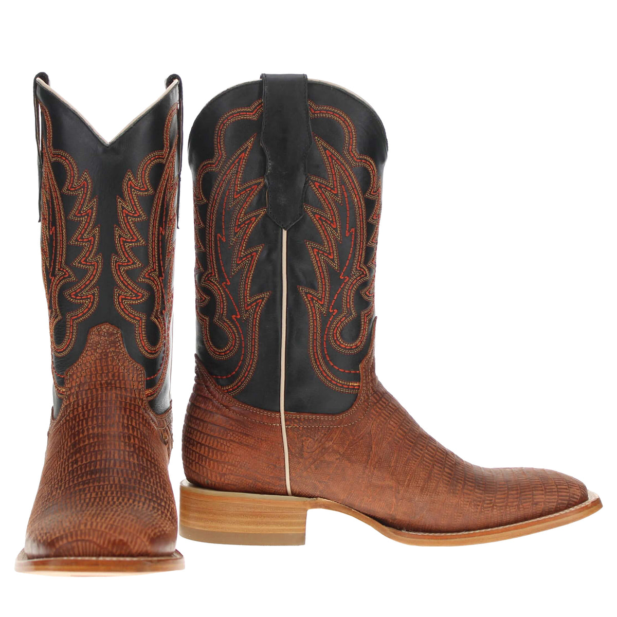 Pair of western cowboy boots, tan textured leather with black upper panels and orange stitching