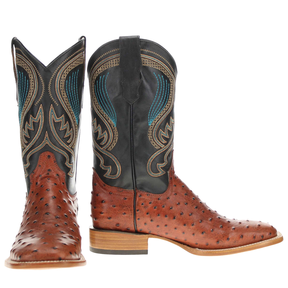 Western cowboy boots with black shaft, blue and tan embroidery, and brown ostrich-style toe