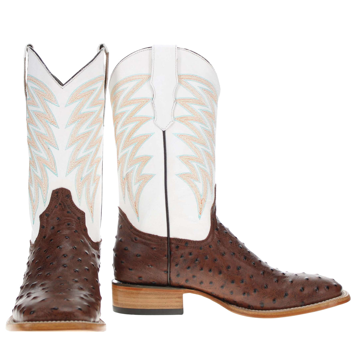 Cowboy boots pair: one front and one side view with white shaft, blue zigzag stitching