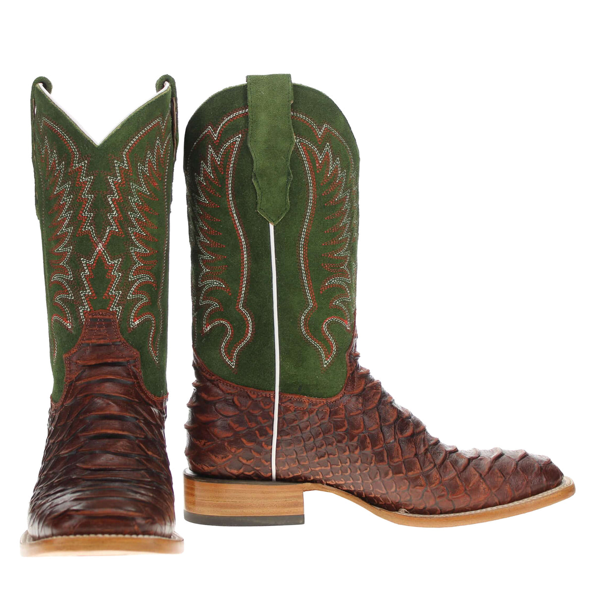 Pair of brown cowboy boots with green shafts, patterned embroidery and stitching