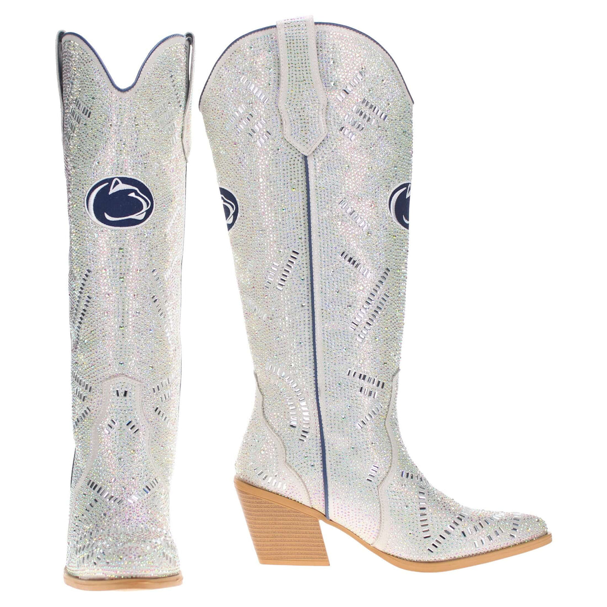 Amber iridescent rhinestone cowboy boots with tan block heel and side zipper