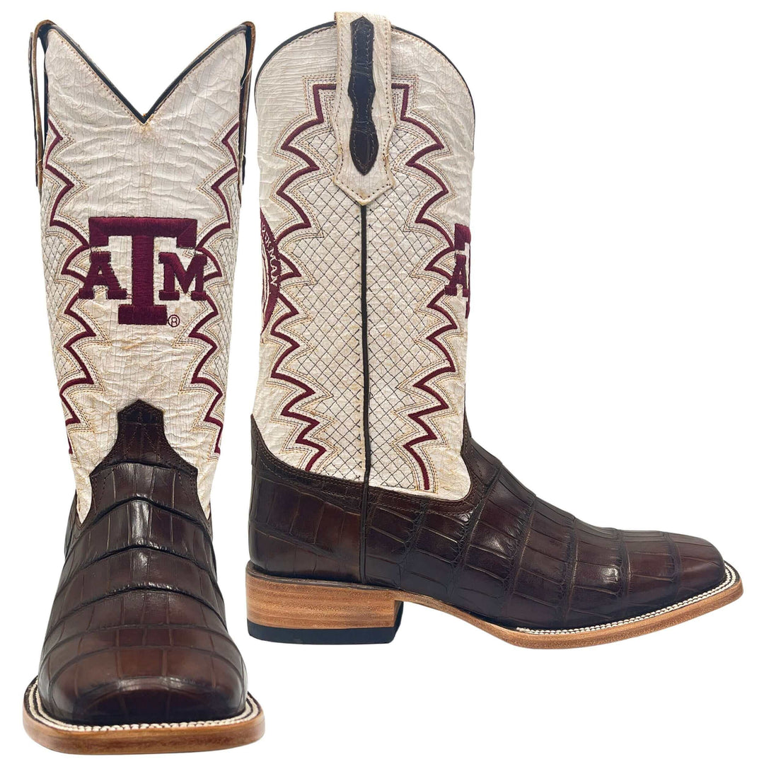 Men's Texas A&M Aggies Brown Square Toe American Alligator Cowboy Boots Parker by Vaccari