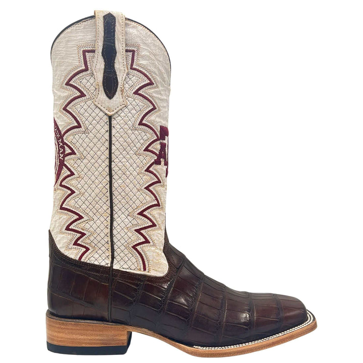 Men's Texas A&M Aggies Brown Square Toe American Alligator Cowboy Boots Parker by Vaccari
