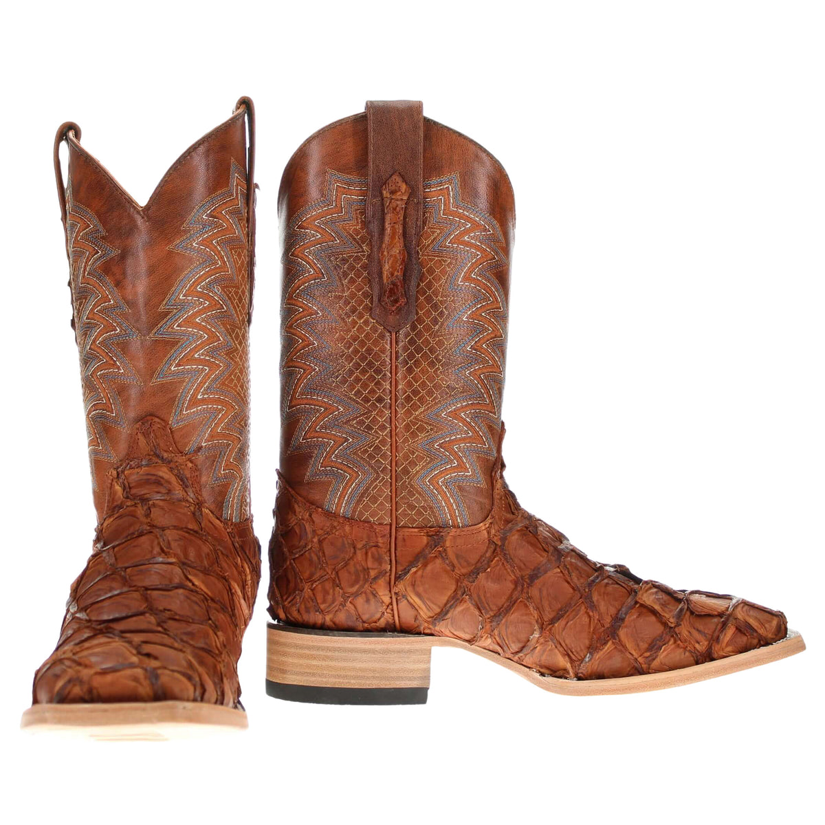 Brown leather cowboy boots with pointed toe, western stitch pattern, and pull tabs
