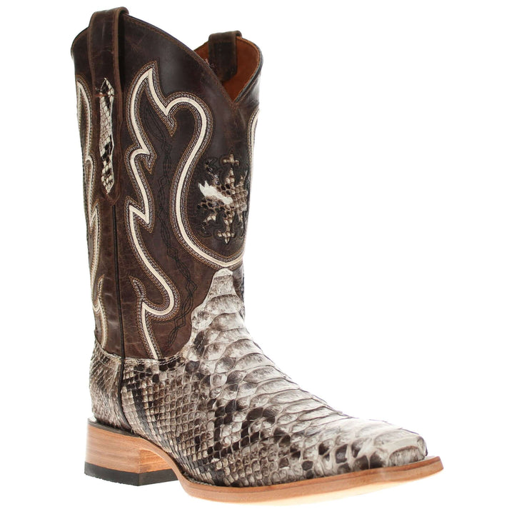 Mens black leather western boots with round toe and decorative stitching, featuring full-quill ostrich leather on the foot for added texture.
