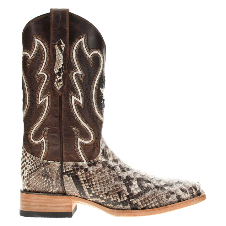 Mens black leather western boots with round toe and decorative stitching, featuring full-quill ostrich leather on the foot for added texture.